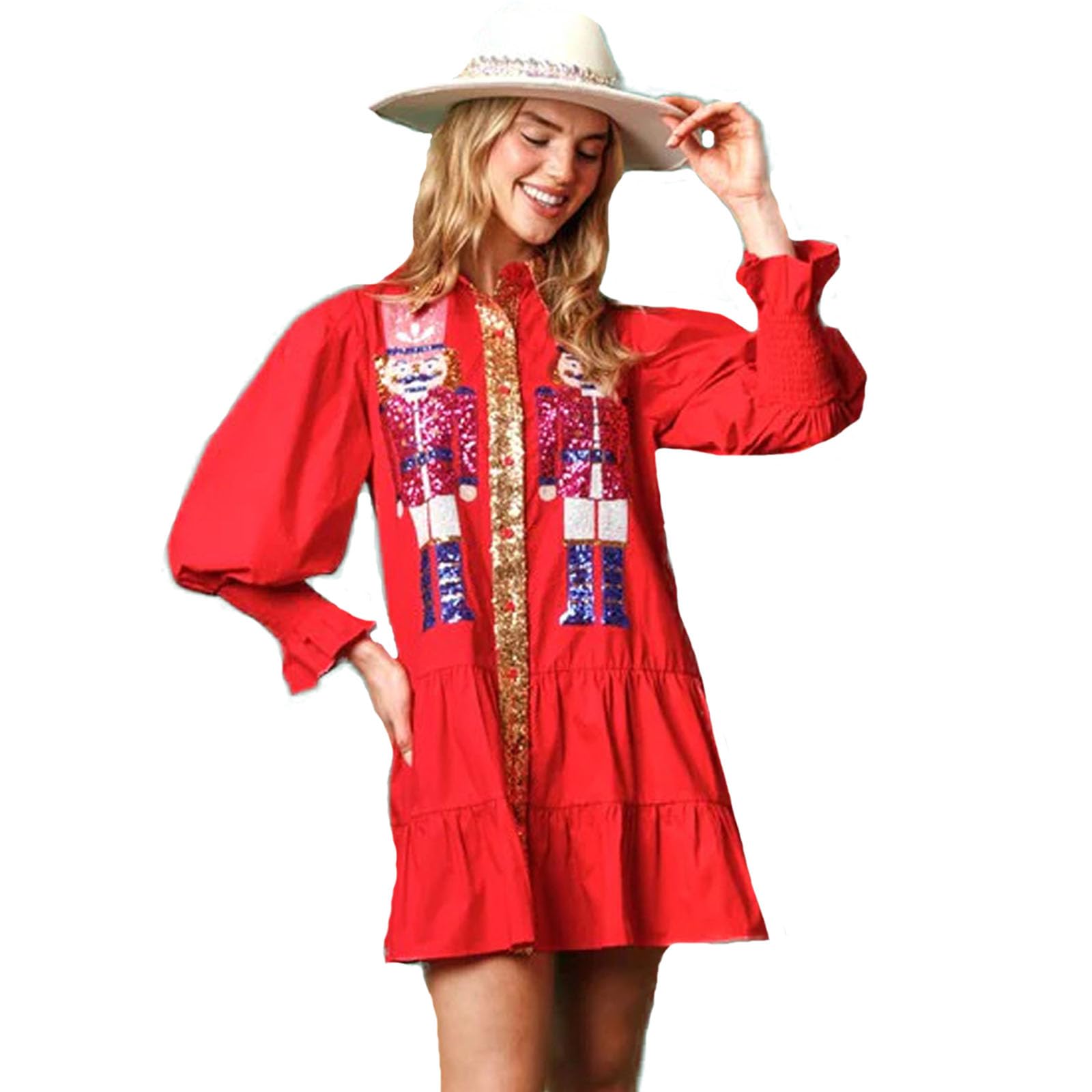 NECHARIWomens Christmas Dresses V Neck Sequin Graphic Dress Long Sleeve Casual Holiday Dress