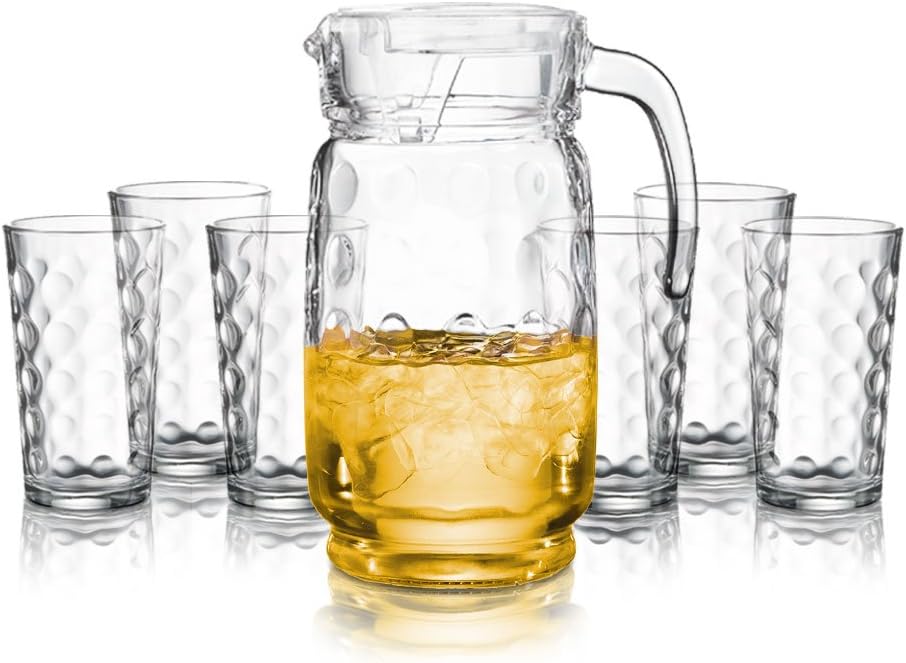 Glass Pitcher 60 Oz with Lid and Drinking Glasses Set - Decorative Jug and Six 12 Oz. Tall Cups (Dishwasher Safe)