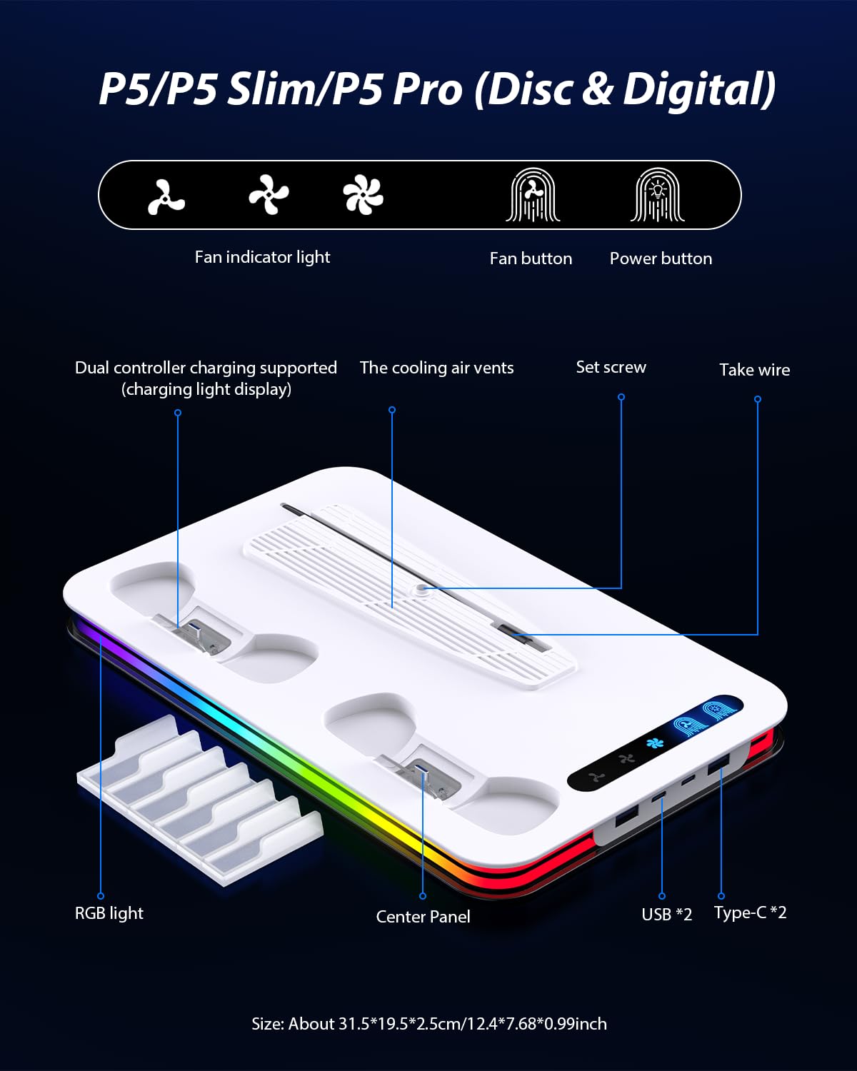 Soporte para PS5/PS5 Slim/PS5 Pro con Ventilador de 3 Velocidades, PS5 Soporte Vertical con 8 Luces RGB y Estación de Carga de Dual Dontrolador 4 Puertos Ranuras de 6 Juegos, Accesorios para P5
