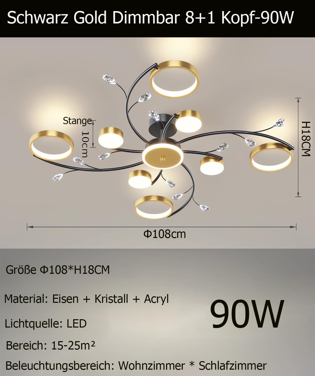 Ściemnialny kryształowy żyrandol LED ze zdalną regulacją 3000K-6000K 110W wielogłowicowa lampa sufitowa do salonu sypialni jadalni Energooszczędna ciepła chłodna biel (8+1 głowic)