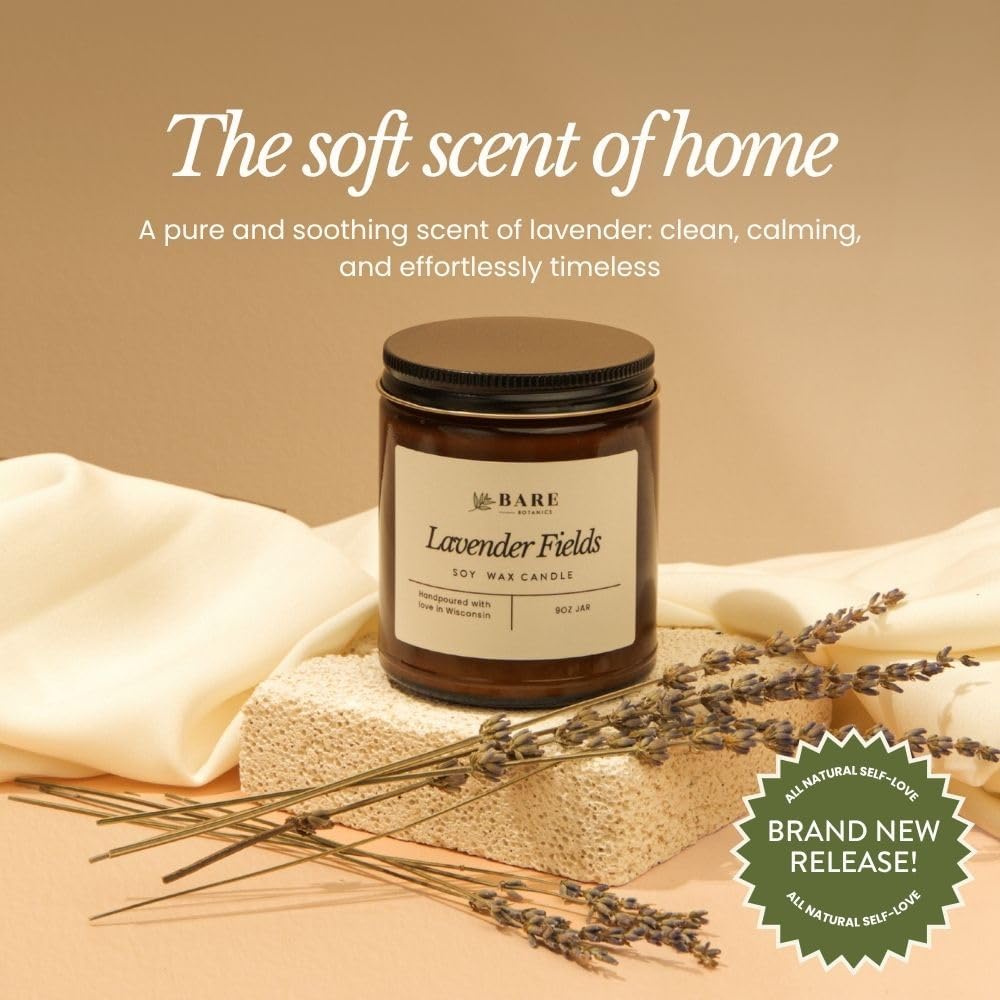 Bare Botanics 9oz Non Toxic Soy Candle Lavender Fields - 40+ Hour Burn