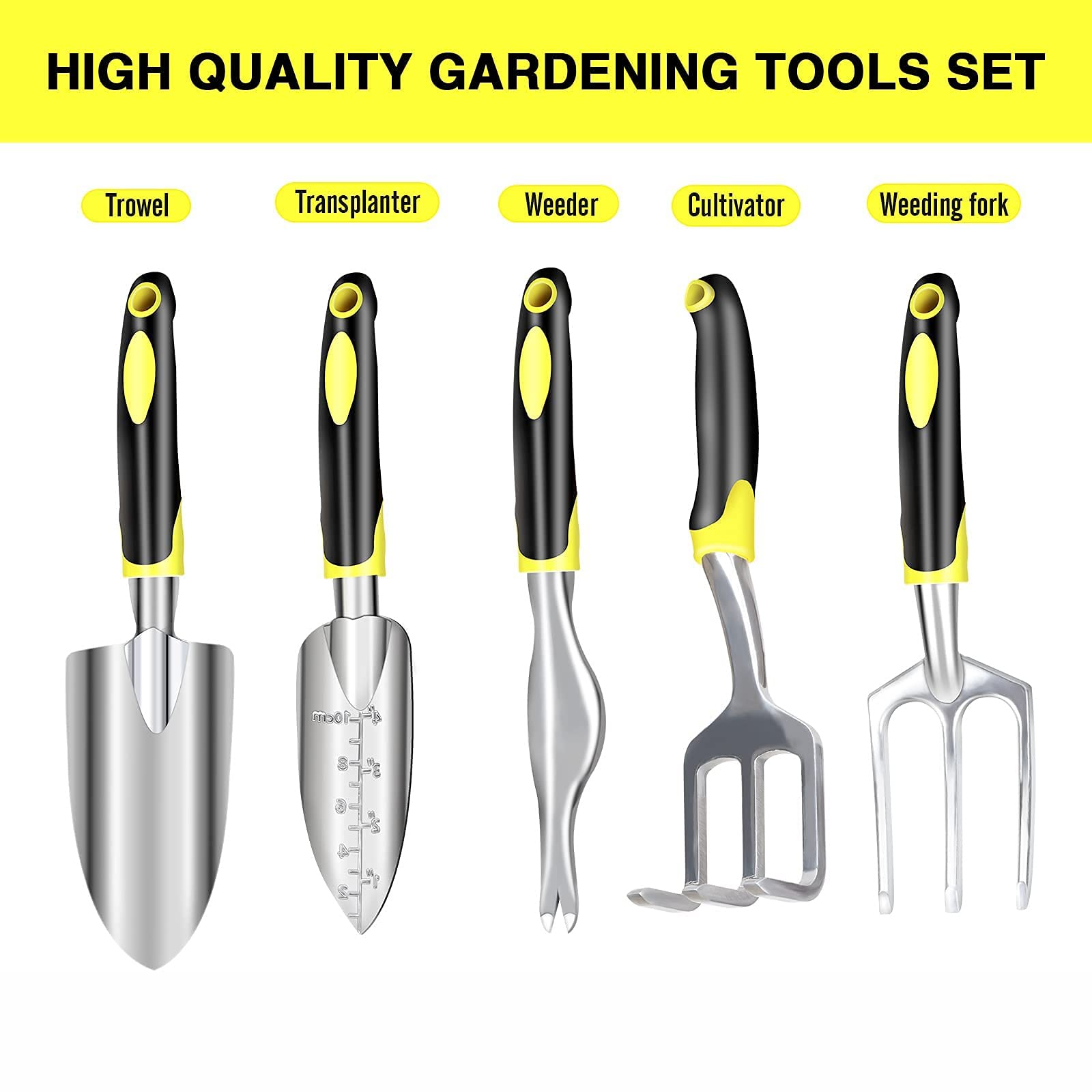DINGFAN Juego Herramientas Jardín, Juego Jardinería Cabezales Aluminio Fundido Resistentes Mangos Ergonómicos con Rastrillo de Mano, Paleta, Trasplantadora, Cultivadora, Desyerbadora (Number : 5Pcs)