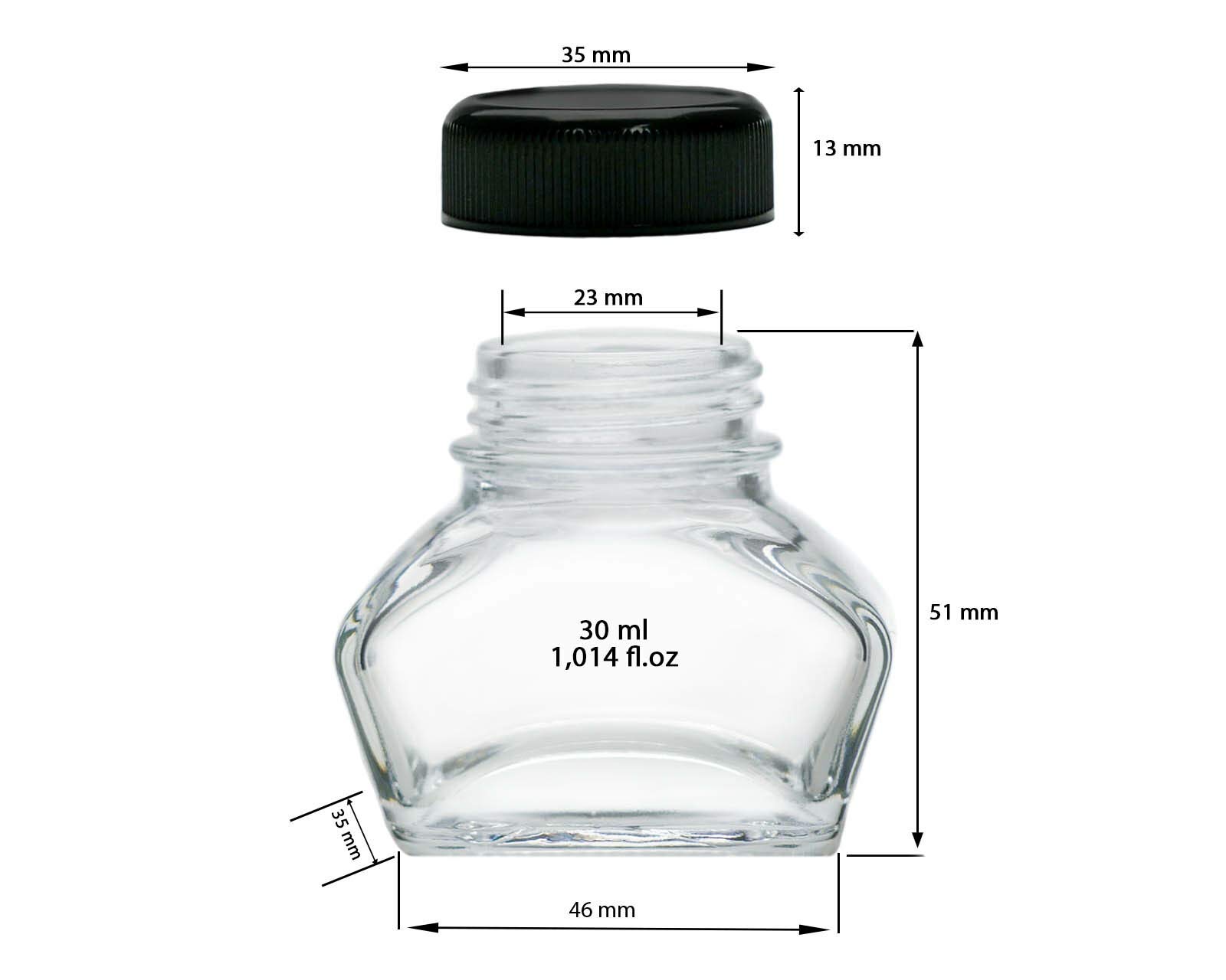 50x Tintenglas, Tintenfässchen, Schmuckglas mit schwarzem Schraubverschluss, Volumen 30ml, Ø Gewinde 30mm