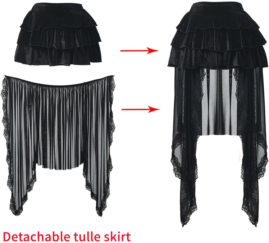 Women's Victorian Gothic Lace High-Low Skirts Lolita Layered High-Waisted A-Line Tulle Bustle Skirt for Halloween Party - Image 3