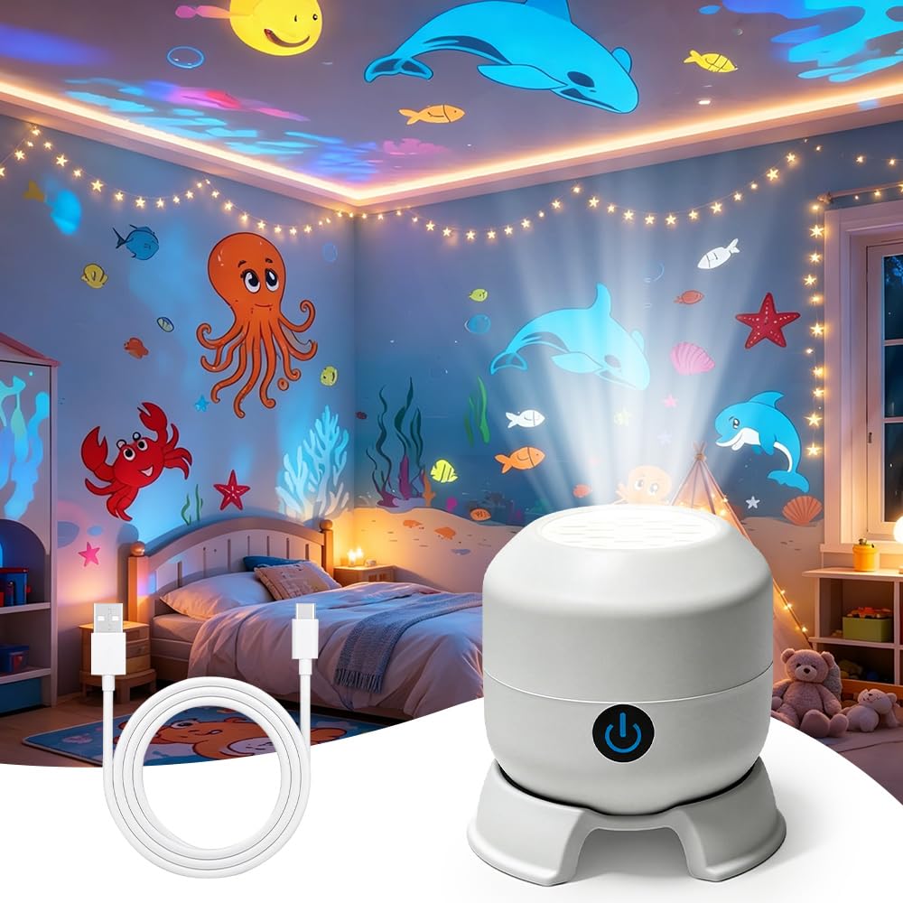 BIZOI Dynamic Rotating LED Projector Light, Kids Night Light Projector, Rechargeable Ocean Projector with 360 Rotating, Adjustable Brightness, LED Atmosphere Light for Bedroom, Party, Home