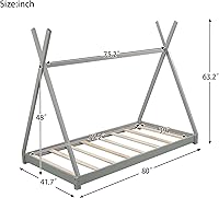 Vista 2 de Cama de plataforma de madera maciza tamaño individual con estructura triangular, marco de cama individual para niños, niñas, adolescentes, base