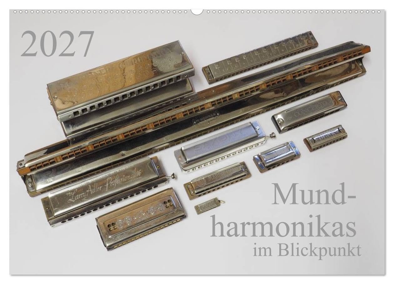 CALVENDO - Mundharmonikas im Blickpunkt (Wandkalender 2027 DIN A2 quer), Monatskalender: Verschiedene Mundharmonikaarten in Bild und Text