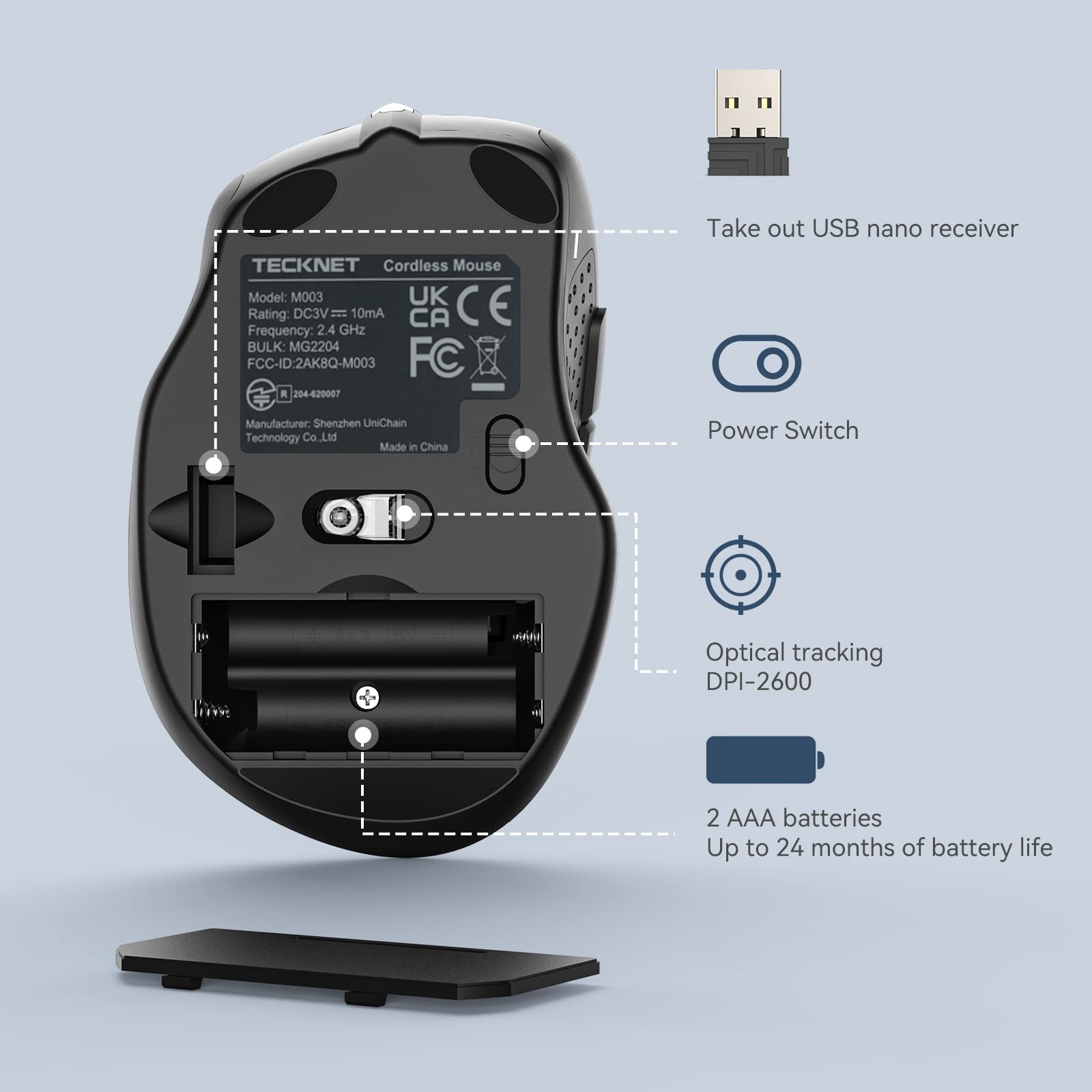 TECKNET Ratón Inalámbrico, 5 Niveles 2600 dpi, 2.4G Ratón Inalámbrico USB Ergonómico, 6 Botones, 24 Meses Duración de Batería, Mouse Inalámbrico Óptico para Computadora, PC, Mac, Portátil