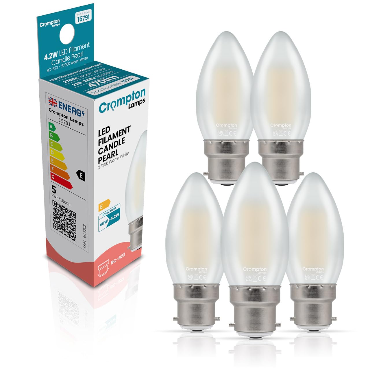 Crompton Lamps Filament Candle LED Light Bulb BC-B22d | 4.2W = 40W Equivalent | Warm White 2700K | Energy Efficient | Bayonet Lightbulb | Long Life 15000-Hrs | Pearl Glass | 5-Pack