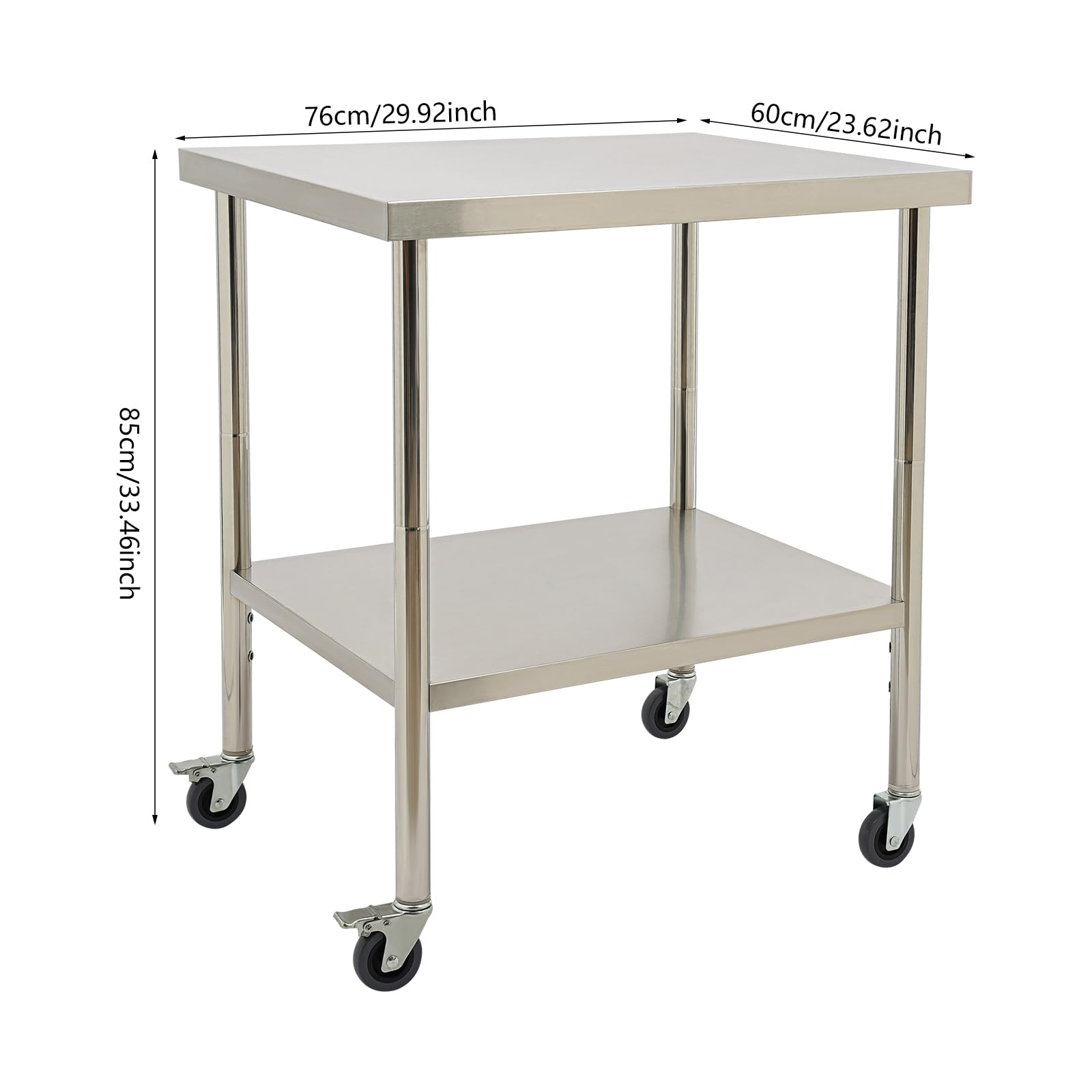 Tavolo da lavoro in acciaio inox, 76 x 60 x 85 cm, con ruote | acciaio inossidabile, 76 x 60 x 85 cm, portata 300 kg, 4 ruote (2 con freno), 2 livelli, per cucina, ristorazione ed esterni