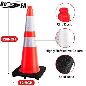 Besea 28 Inch Orange Traffic Cones, Heavy Duty Rubber Base