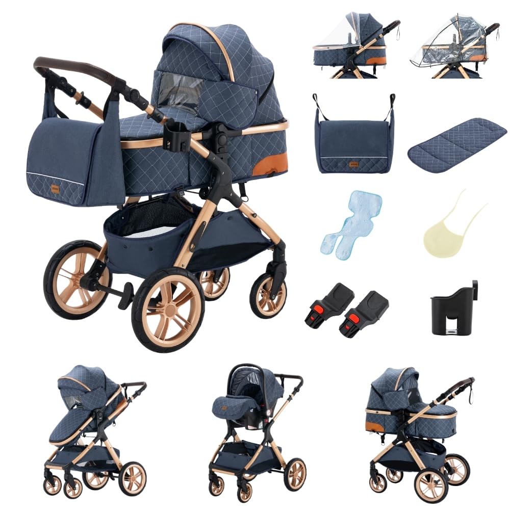 GLOKID Kinderwagen 3 in 1 Kombikinderwagen Reisesystem mit Wickeltasche Moskitonetz Regenschutz Fußsack Zusammenklappen Liegeposition Blau