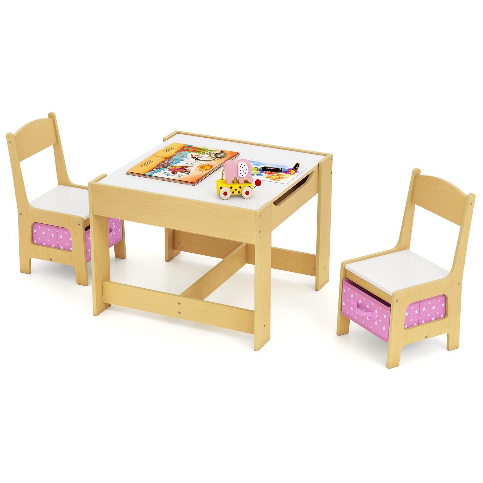 COSTWAY Kids Table Chair Set, Double Side Tabletop Table and 2Pcs Chairs with Storage Box, Activity Desk Nursery Wooden Multifunction Furniture (Natural+Pink)