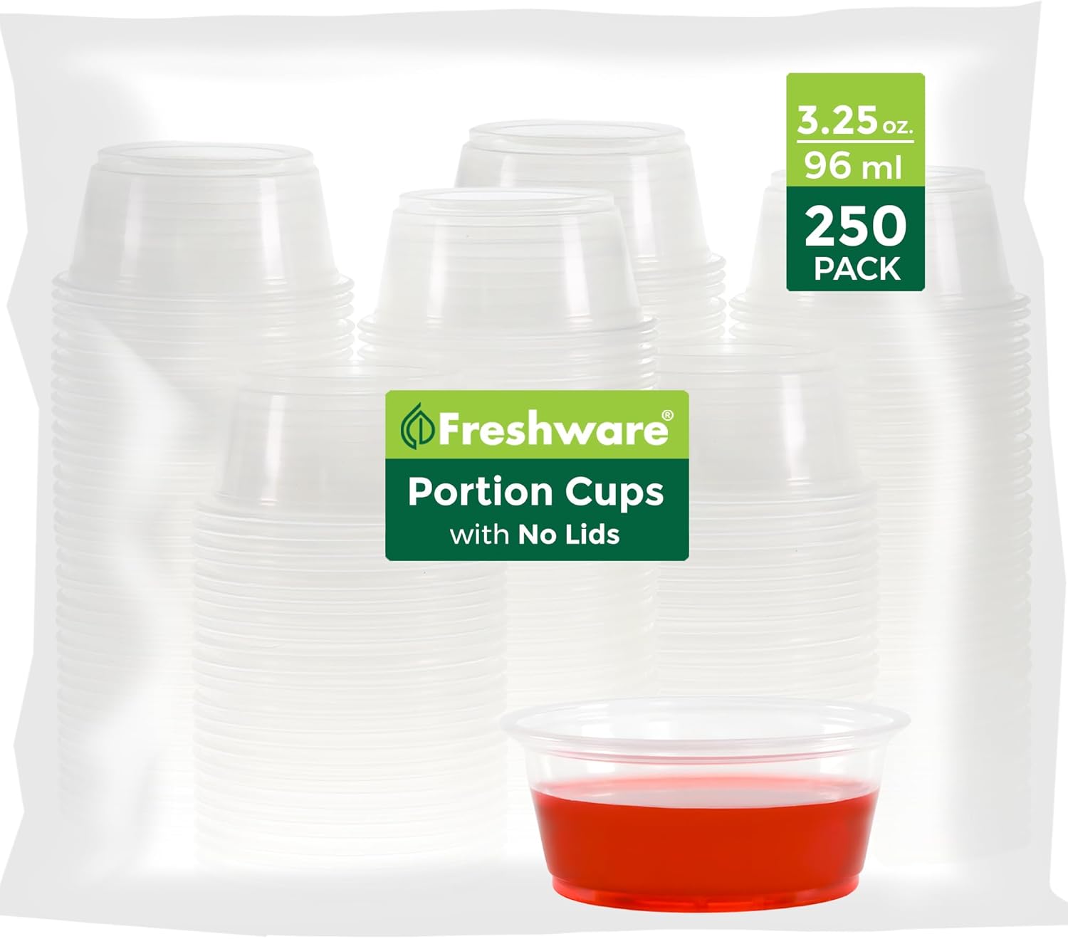 Freshware Plastic Portion Cups (No Lids) [1 Ounce, 250 Count] Disposable Plastic Cups for Meal Prep, Salad Dressing, Jellos Shot Cups, Souffle Cups, Condiment and Dipping Sauce Cups