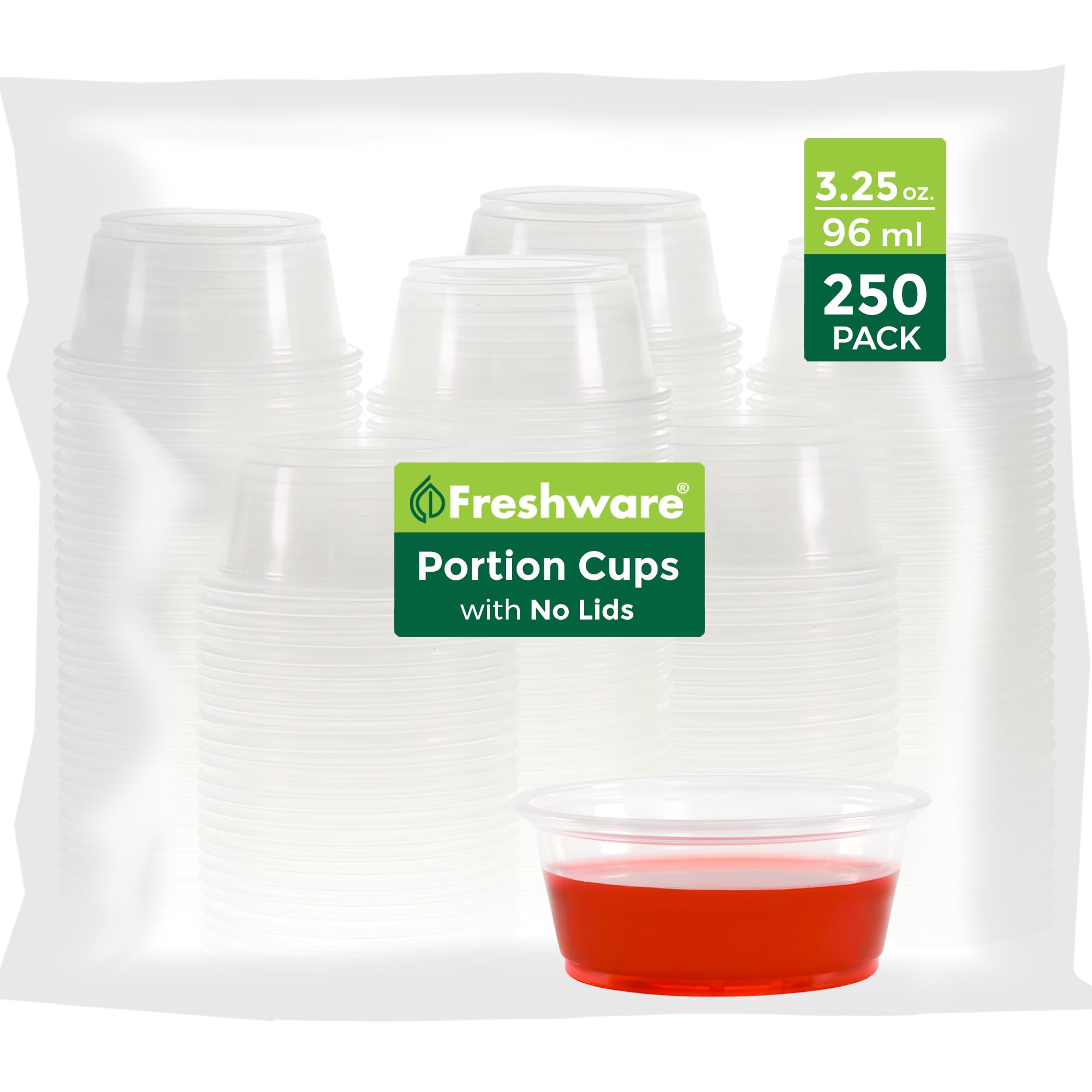 FreshwarePlastic Portion Cups (No Lids) [3.25 Ounce, 250 Count] Disposable Plastic Cups for Meal Prep, Salad Dressing, Jellos Shot Cups, Souffle Cups, Condiment and Dipping Sauce Cups, Clear