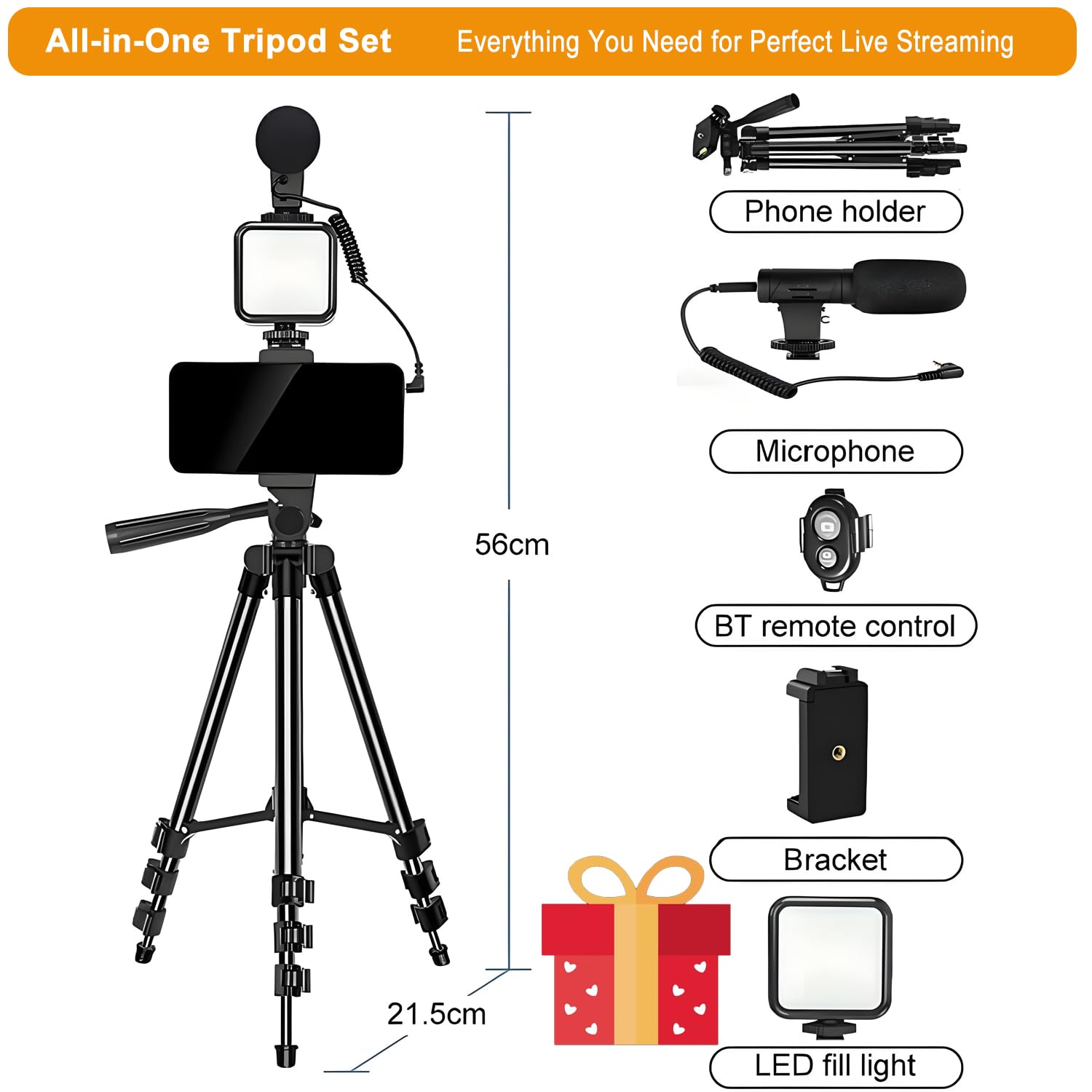 Kit Prise Vue Vidéo, Kit Vlog Professionnel pour Smartphone et Appareil Photo : Microphone, Lumière LED, Trépied Réglable, Support Téléphone, Idéal pour YouTube, TikTok, Live Streaming, Photographie