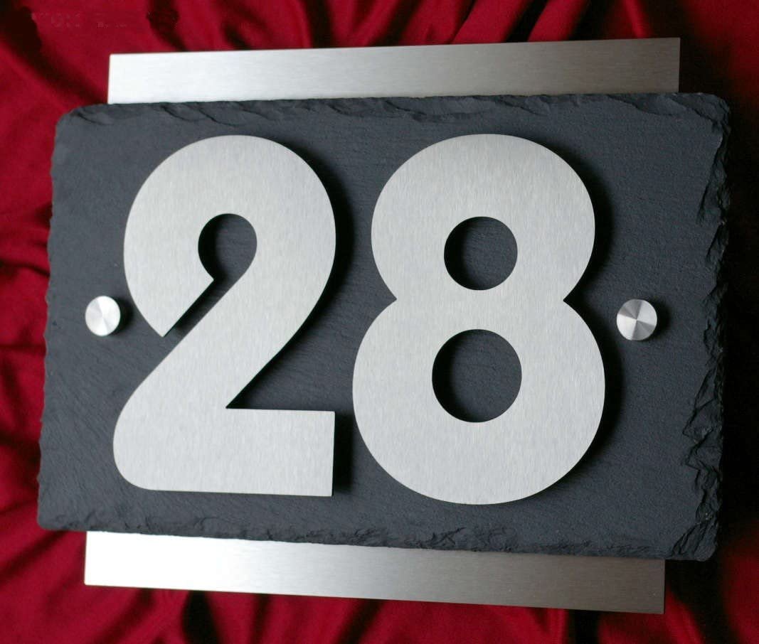 Leskow Metalldesign 3D Hausnummer aus Edelstahl und Schiefer, Individuelles Hausnummernschild, Straßenschild mit Hausnummer, Anthrazit Türschild