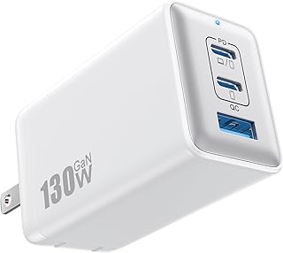 130W USB C Wall Charger,GaN III 3-Port Fast Charging Station,PD QC Foldable Charger Block Portable 65W USB C Laptop Adapter for MacBook Pro/Air,iPad Pro,Galaxy S23,Dell XPS 13,iPhone 15/Pro etc-White