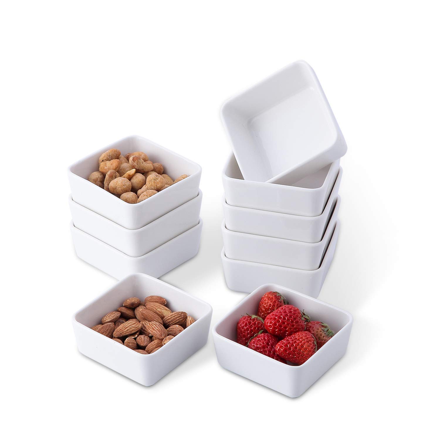 Lot de 10 ramequins carrés en porcelaine blanche de 170,1 g, 8,9 cm, mini bols à tremper, bols à dessert blancs pour pâtisserie, apéritif, sauce, soufflé, crème brûlée