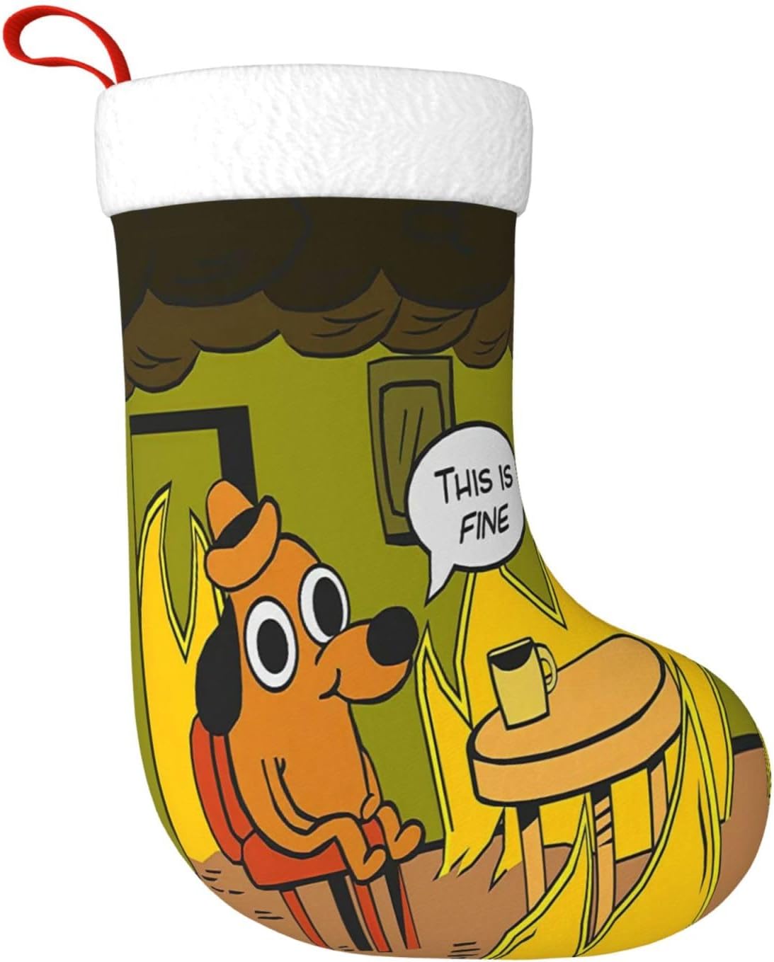 This is Fine Dog Fire Christmas Stocking Funny Meme Fireplace Hanging Ornaments Christmas Stockings Xmas Stockings for Family Holiday Party Decorations