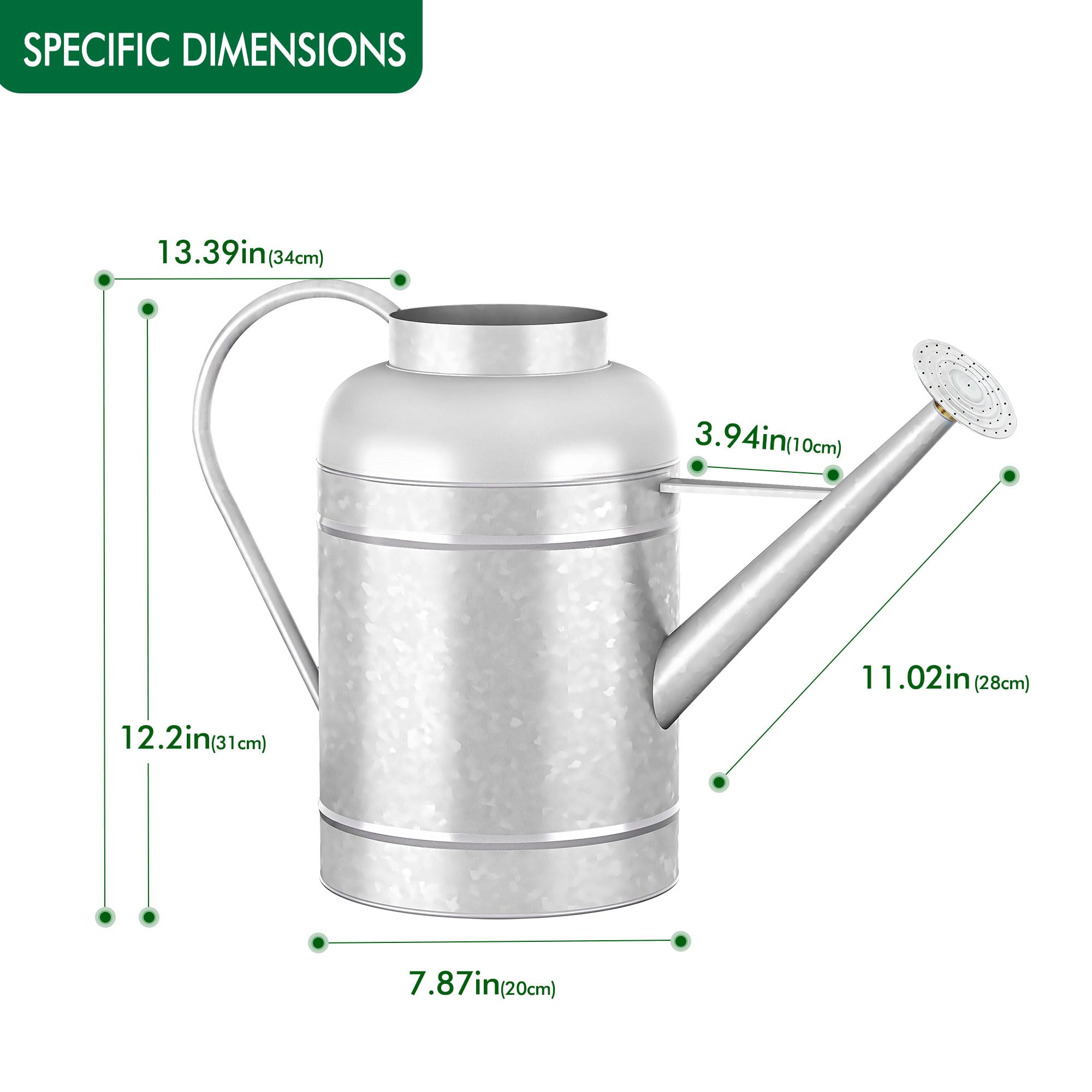 Regadera galvanizada para plantas de interior al aire libre, cuenco de 2,3 galones, jarra de agua con caño extraíble, regadera de metal para plantas de interior y flores de jardín