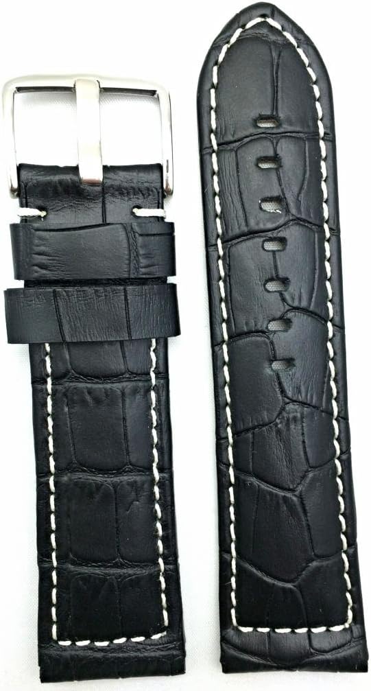 NewLife 26mm Long, Black Leather Watchband Compatible with Panerai Watch | Alligator Crocodile Grain, Medium Padded Replacement Watchstrap Bracelet that brings to Any Watch (Mens Long Length)