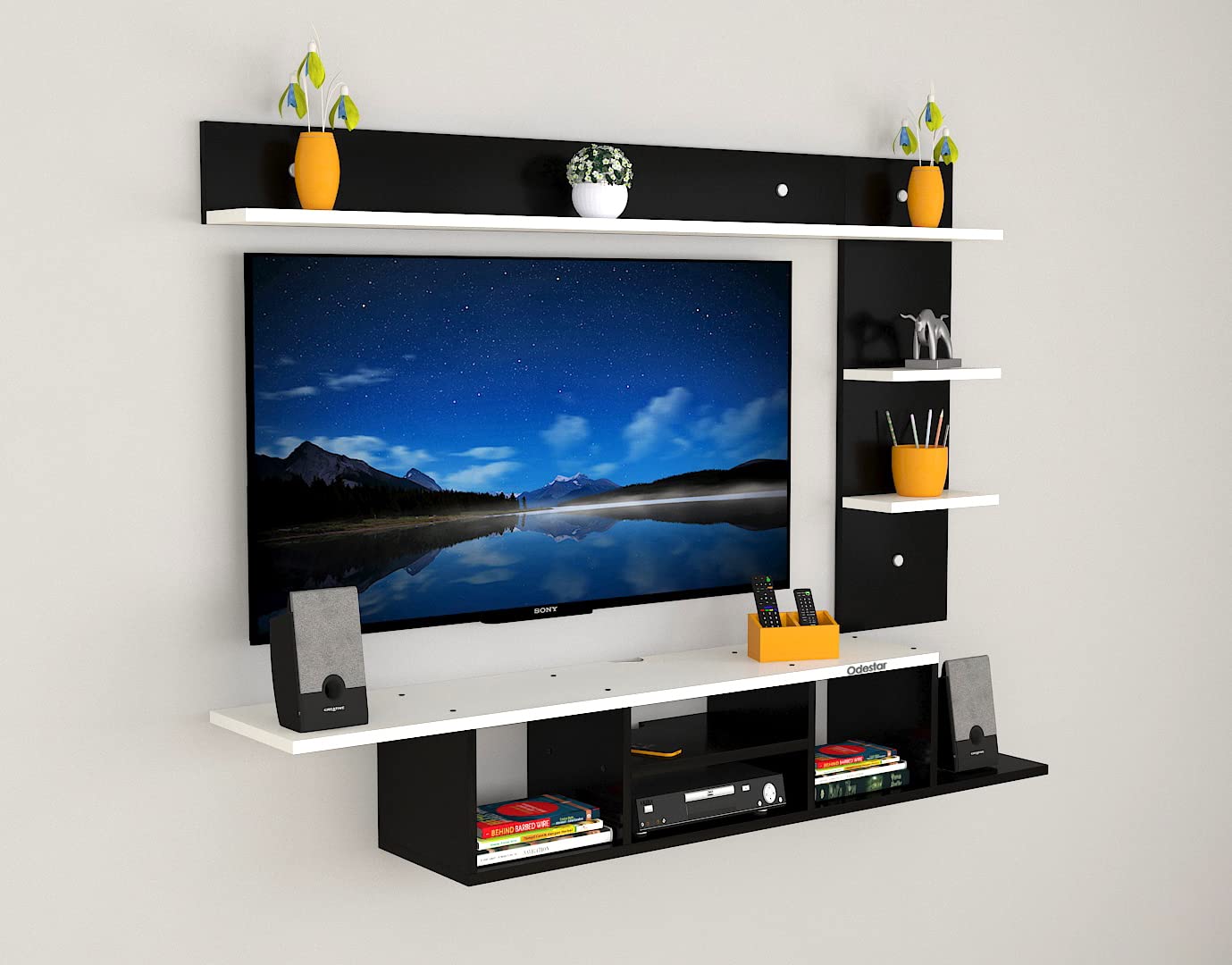 Odestar Eleanora Engineered Wood Wall Mount TV Entertainment Unit/with Set Top Box Stand – Black/White (Ideal up to 32 to 43″) Tv Screen