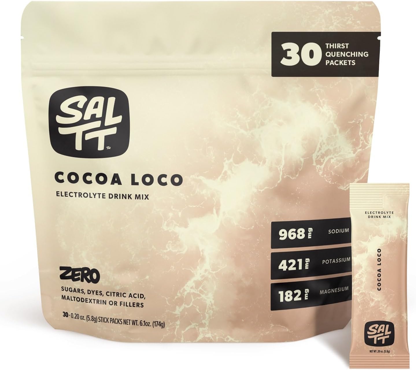 SALTT Electrolytes Powder Flavored Drink Mix - Cocoa Loco - 30 Hydration Packets - Magnesium, Potassium, Sodium, Trace Minerals - Zero Sugar & Gluten Free - Travel Essentials