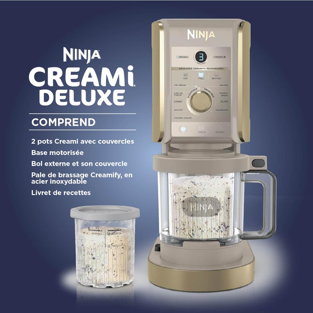 Ninja CREAMi Deluxe Machine a glace et sorbetière, 2 bacs, 10 fonctions, crème glacée, yaourts glacés, des milkshakes, des slush, Pièces amovibles lavables au lave-vaisselle, Stone/Or NC502EUSTGD