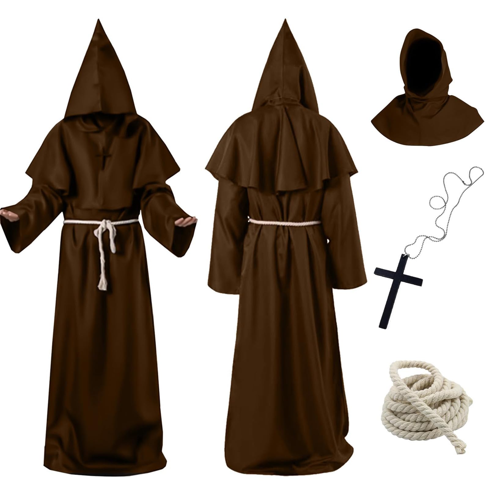 Aitsite Disfraz de Monje Sacerdote, Túnica Medieval Renacentista con Collar de Cruz y Cinturón, Capucha, Disfraces de Sacerdote para Carnaval Cosplay Party