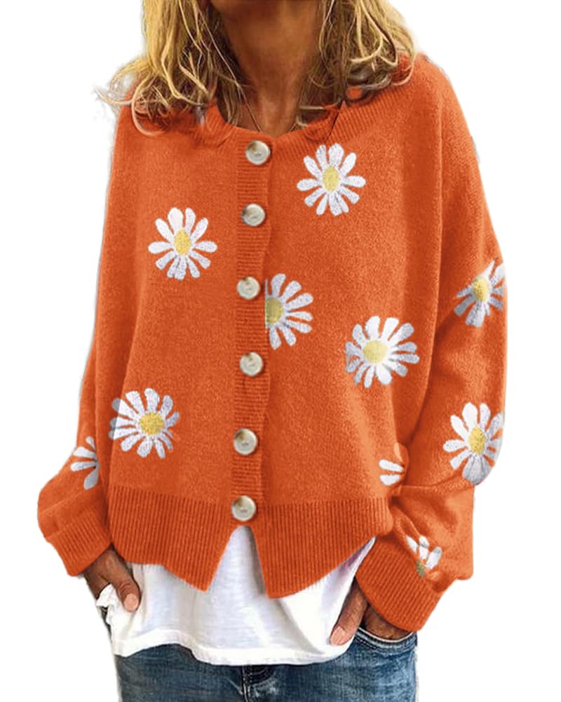 Cute Daisy Flower Cardigan Sweater for Women Oversized Aesthetic Button Down Open Front Knitted Sweaters