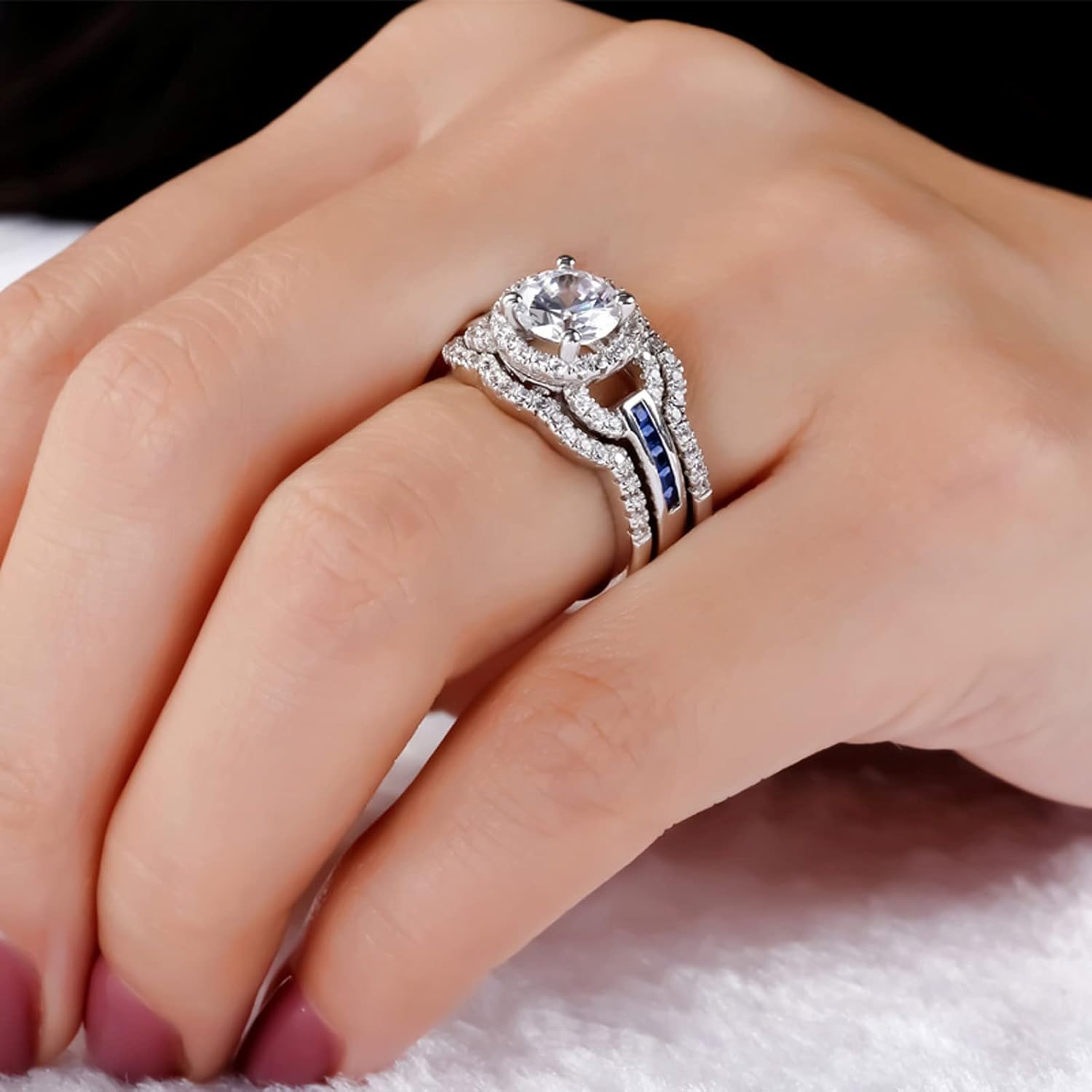 Jeulia 3PC Wedding Ring Set for Women: Sterling Silver Round Cut Halo Engagement Band Diamond White Bridal Set Valentine's Anniversary with Jewelry Gift Box