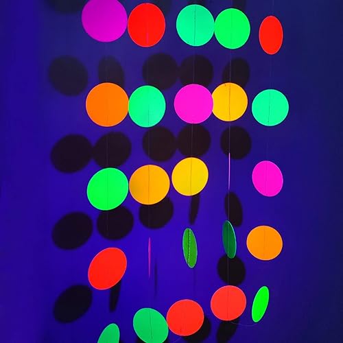 UNIIDECO Neon Paper Circles Garland, Rave Black Light Birthday Decorations, Glow in The Dark Party Supplies, UV Blacklight Reactive Decor, Hanging Circle Dots Streamers Wall Backdrop