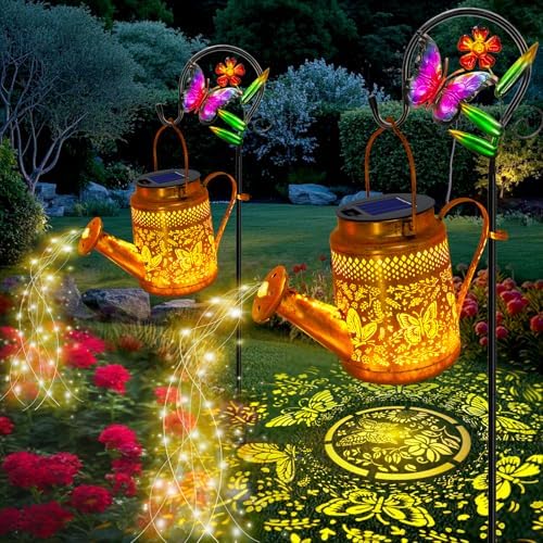 2 Pack Solar Powered Butterfly Watering Can Lights Waterproof Outdoor Decor with Shepherd Hook Hanging Patio Lights for Yard, Garden, Backyard Perfect Gardening Birthday Gift for Women, Mom, Grandma