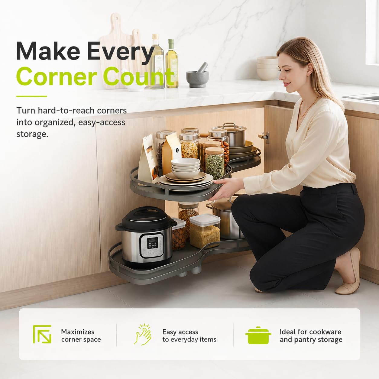 Lazy Susan Armoire d'angle robuste à 2 niveaux avec fermeture amortie réglable en hauteur, solution de rangement facile d'accès pour armoires de cuisine