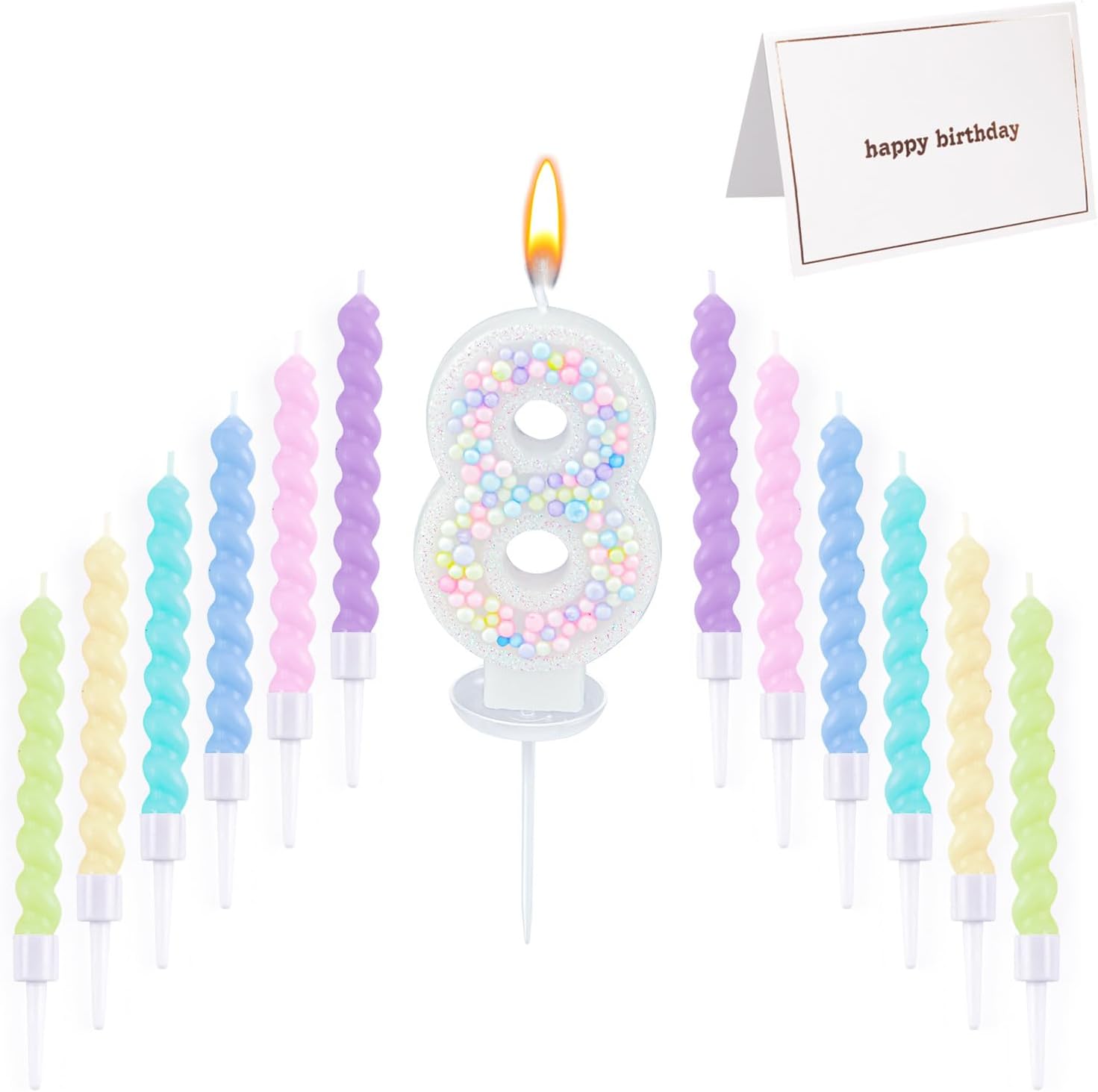 Number Birthday Candle with 12PCS Spiral Candles and A Birthday Card - Perfect for Celebrating Birthdays (Macaron Glitter, Number 8)