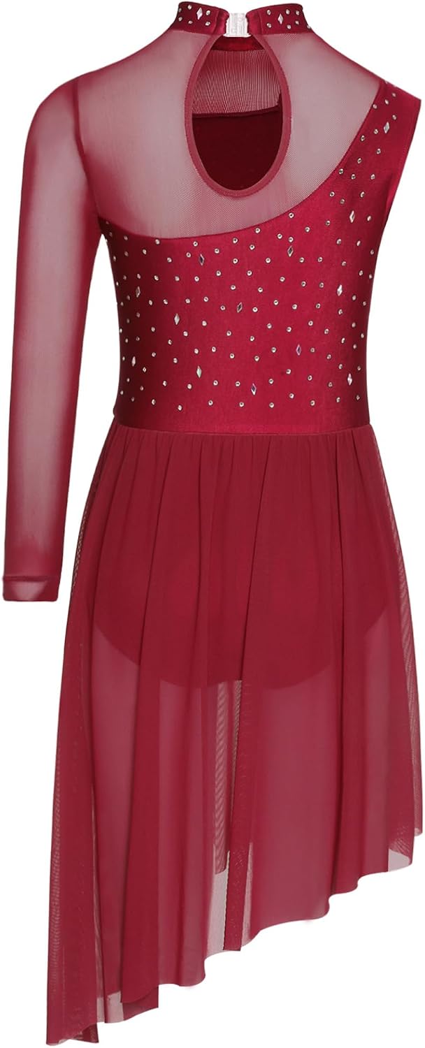 Linjinx Kids Girls One Shoulder Long Sleeve Shiny Rhinestone Ballet Lyrical Dance Dress Skirted Leotard for Performance