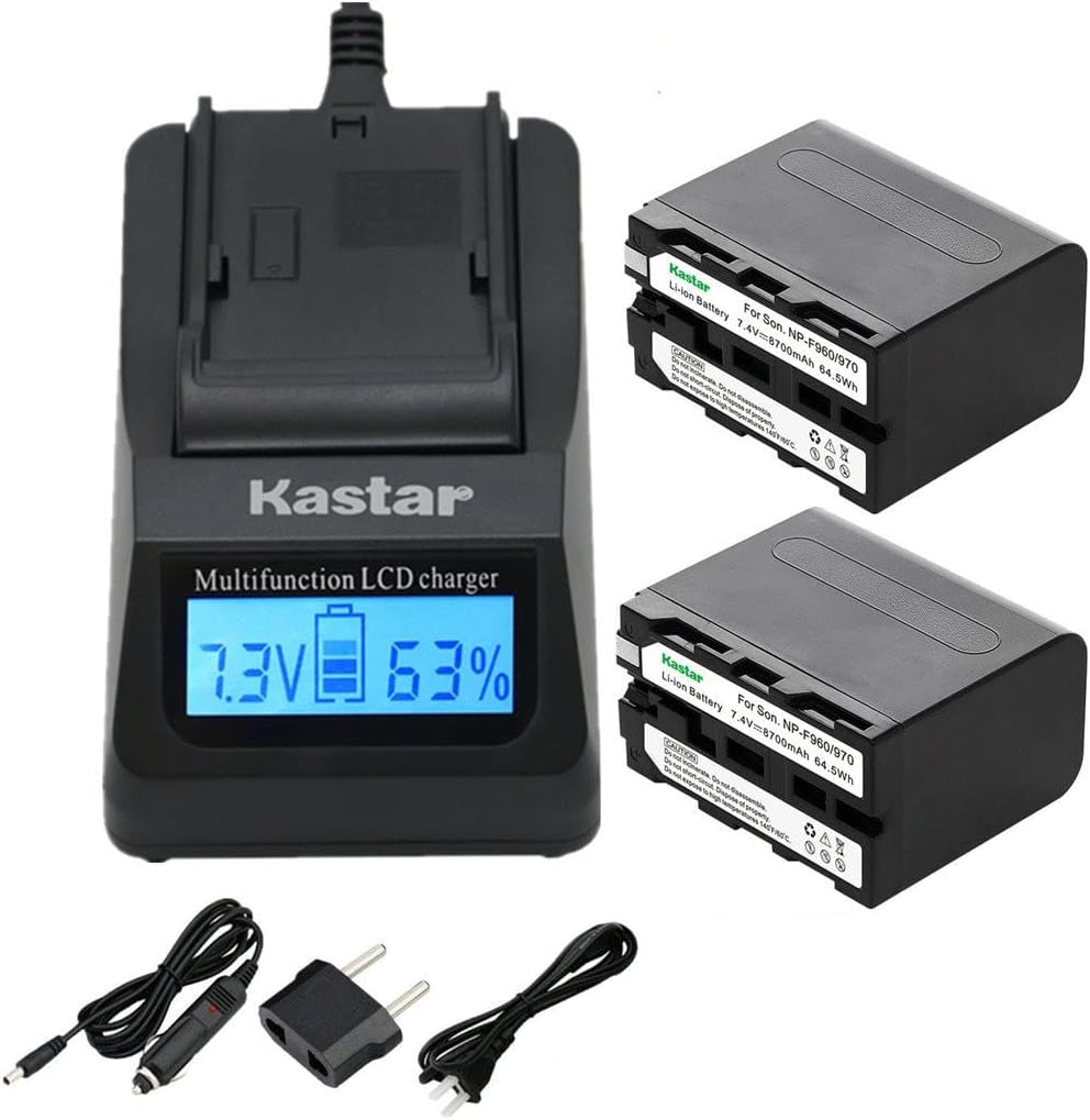 Kastar Fast Charger + 2 Battery for Sony NP-F970 NP-F960 F970 F960 F975 F950 and DCR-VX2100 HDR-AX2000 FX1 FX7 FX1000 HVR-HD1000U V1U Z1P Z1U Z5U Z7U HXR-MC2000U FS100U FS700U and LED Video Light