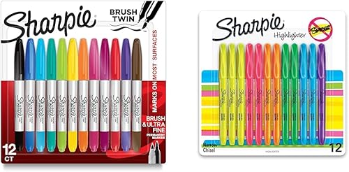 SHARPIE Brush Twin - Marcadores permanentes, marcador de punta de pincel y marcador de punta ultrafina, surtidos, 12 resaltadores estilo bolsillo,