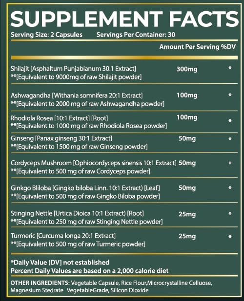 Miniatura 6 de Shilajit Cápsulas para hombres 8 en 1 Suplemento de hierbas potenciador de energía para adultos fórmula natural con Ashwagandha, Rhodiola Rosea,