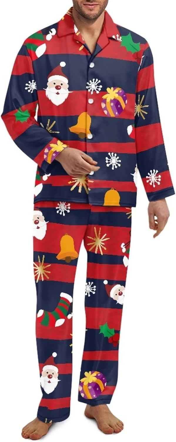 AmzPrint Snowman Candy Cane Print Christmas Black Pajamas Men Lightweight Button Down Pajamas Men Set
