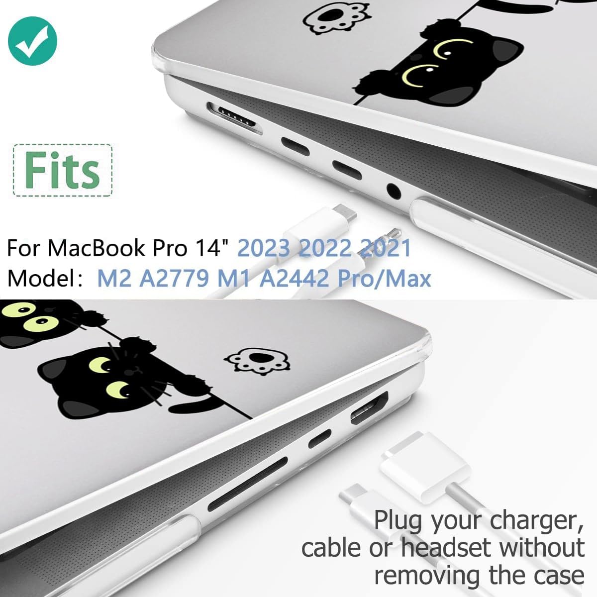Compatible with MacBook Pro 14 Inch Case 2021-2026 M5 M4 M3 M2 M1 A3427 A3426 A3434 A3185 A3112 A3401 A2992 A2918 A2779 A2442 Hard Shell &Keyboard Cover& Mac OS Keyboard Sticker (Black Cat A)