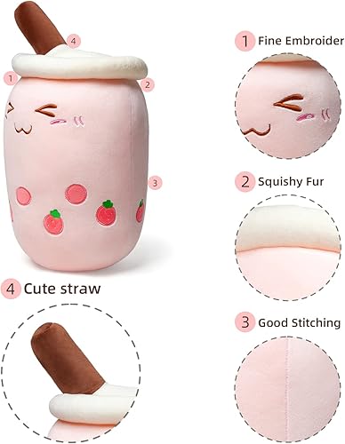 Miniatura 3 de Niuniu Daddy Boba - Peluche de 9.5pulgadas, diseño de té con burbujas de fresa rosa, peluche suave y blando para bebés, niños y adolescentes