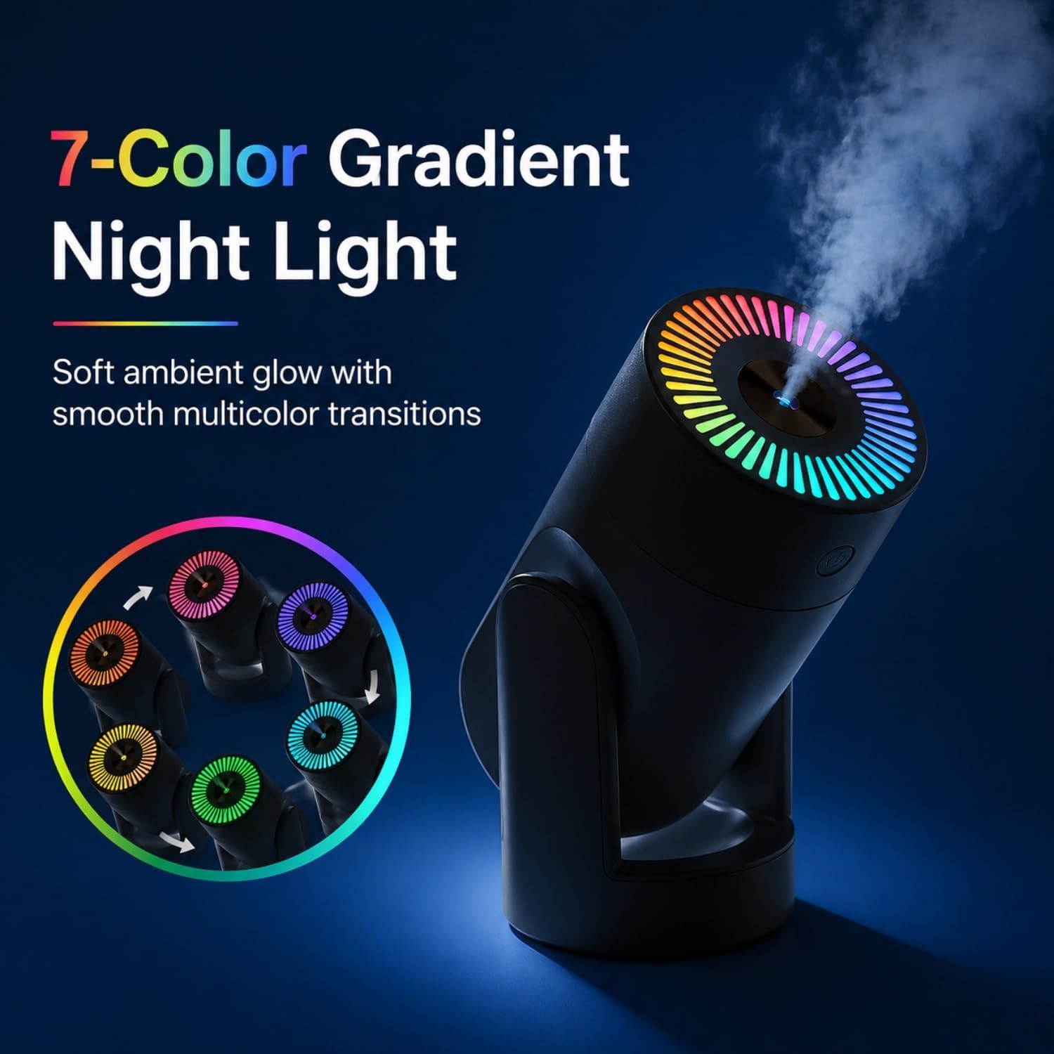 Portable Mini Humidifier with 2 Mist Modes, 220ml Cool Mist Rotation Humidifiers with Colorful Night Light, Quiet Operation, USB Personal Desktop Humidifier for Bedroom, Office, Travel, Car, Black