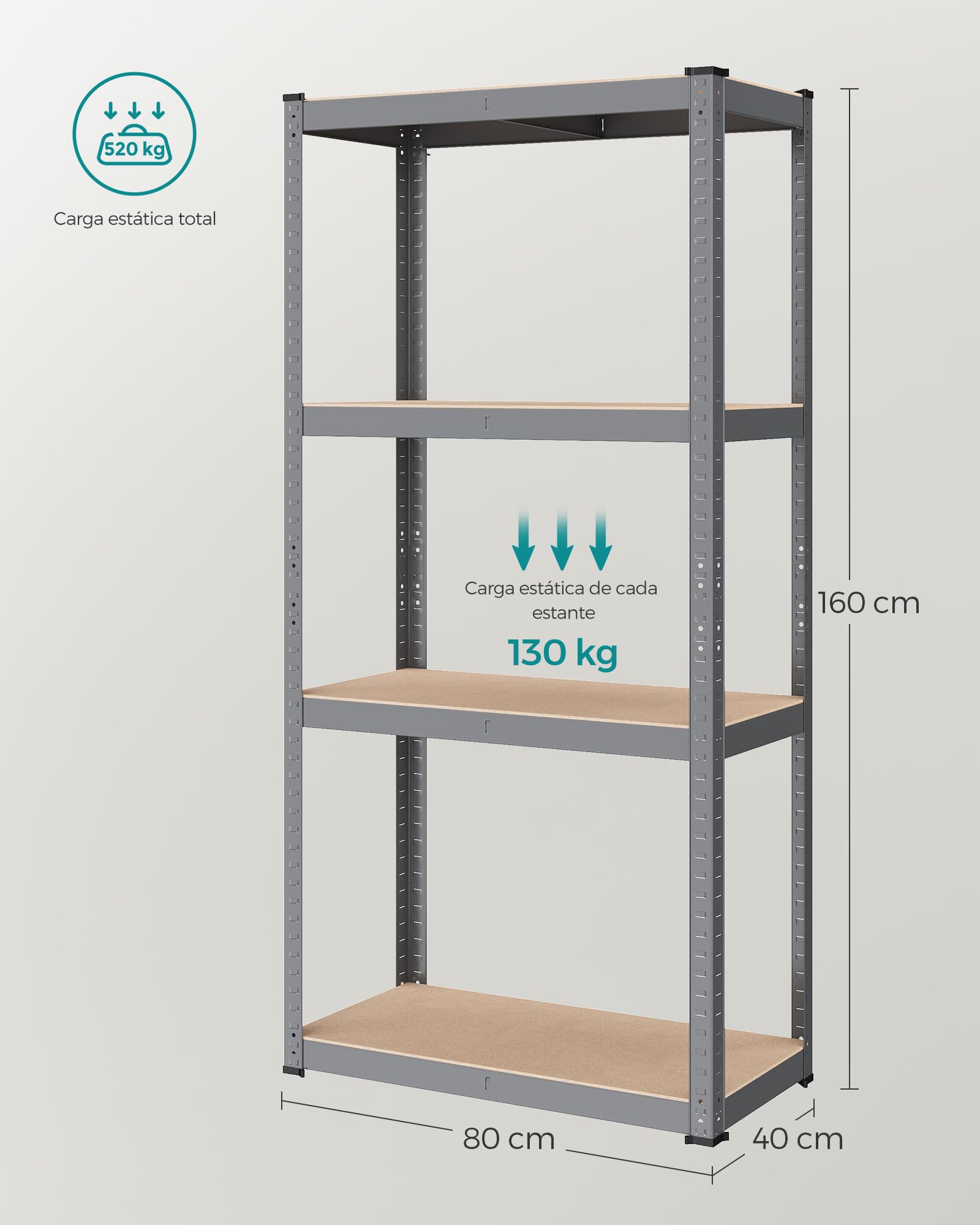 SONGMICS Juego de 2, Estantería Pesada de 4 Niveles, Estantería de Acero, Montaje Rápido, Garaje, Almacén, Trastero, Carga de 520 kg, 40 x 80 x 160 cm, Gris y Natural GLR044G02