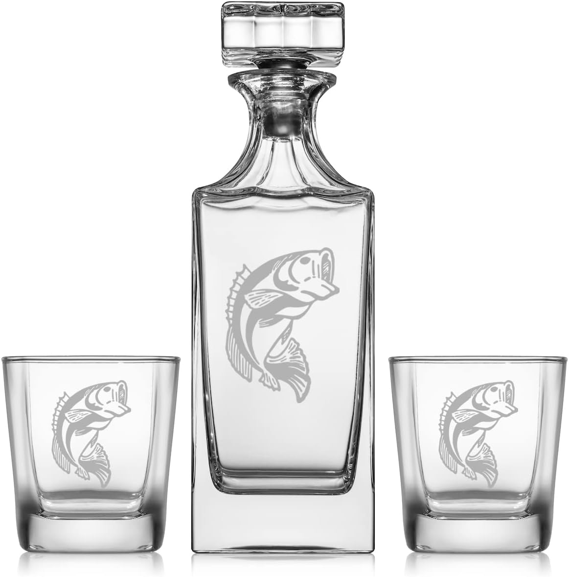 Whiskey Decanter Gift Set With 2 Whiskey Old Fashioned Rocks Glasses Bass Fish