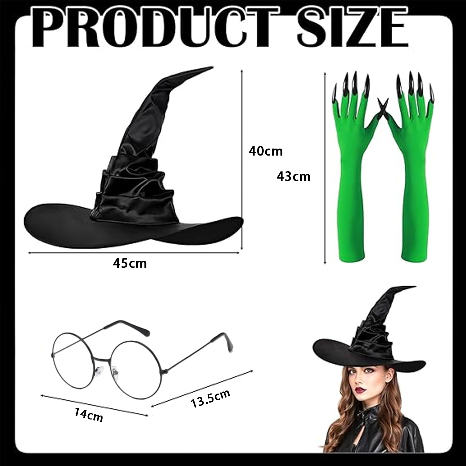 GWAWG 3pcs Witch Costume Accessories Set,Witches Hat, Elphaba Glasses, Green Gloves With Claws,for Adult Women for Cosplay Dress Up - Image 2