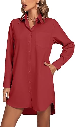 LYANER Women's Collar V Neck Button Down Shirt Dress Long Sleeve Split Hem Blous
