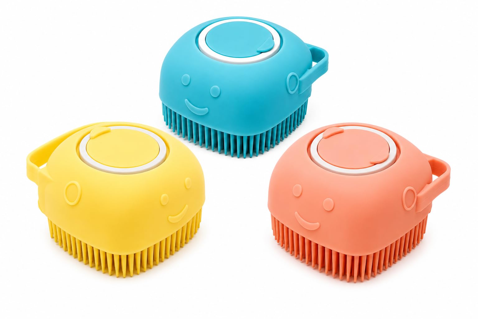 Pet Bath Shampoo Brush 3-Pack, Yellow, Coral Orange & Blue | Soft Silicone Bristles, Built-In Soap Dispenser, Massage Grooming Brush with Secure Hand Strap-image-26