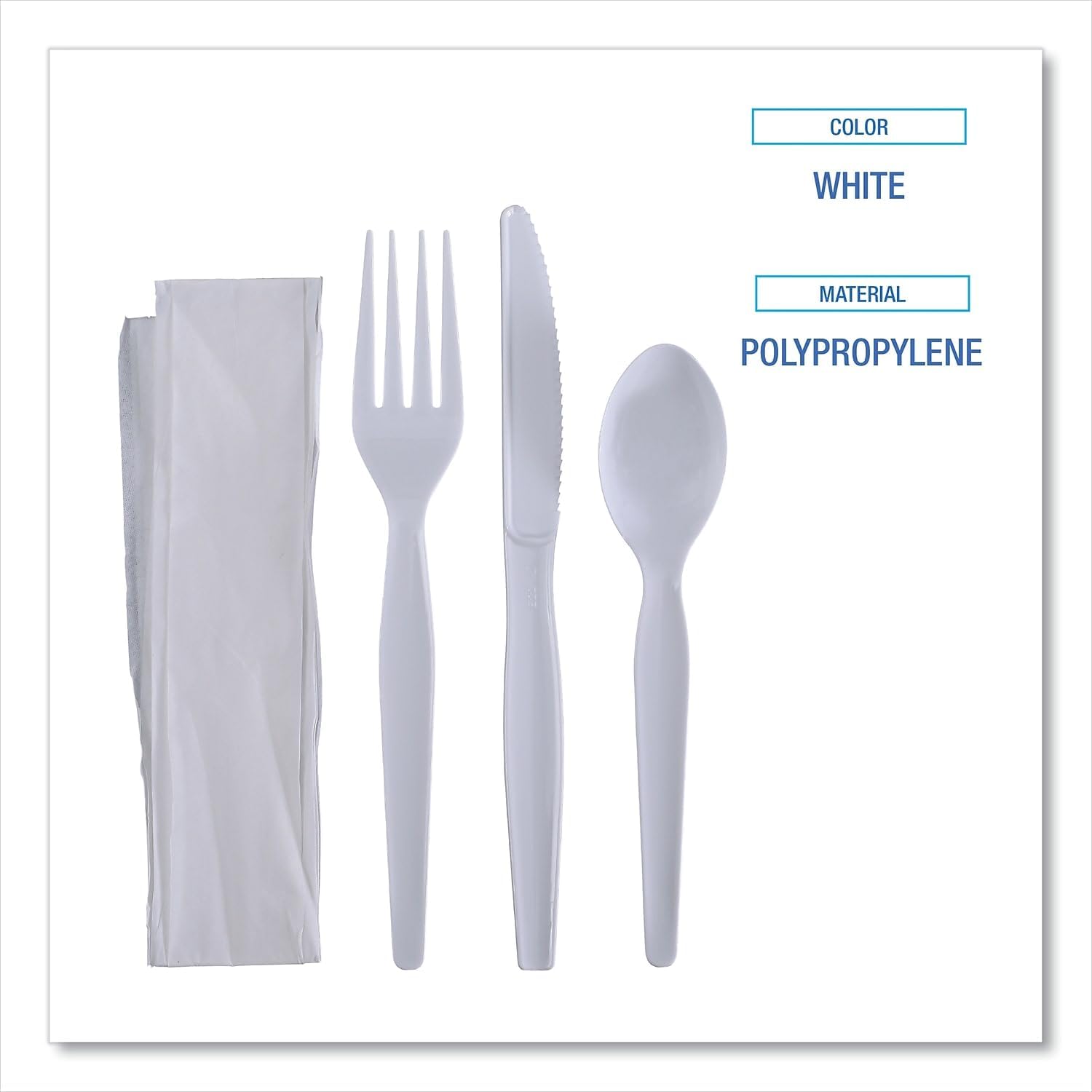 Boardwalk FKTNHWPSWH Four-piece Cutlery Kit, Fork/knife/napkin/teaspoon, Heavyweight, White, 250/ct